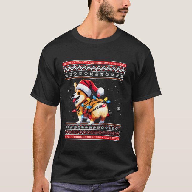 Camiseta Corgi Bumbum Funny Ugly Santa Hat Snowflakes Luzes (Frente)