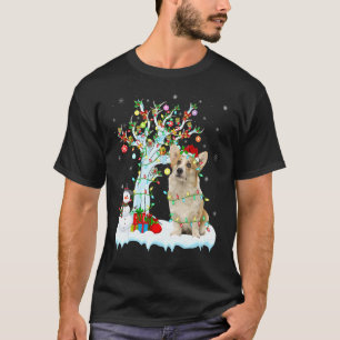 Camiseta Corgi Cachorro Árvore de Natal Iluminação Chapéu d