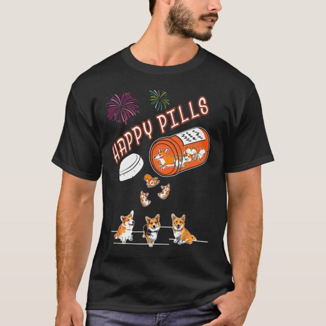 Camiseta Corgi Cachorro Comprimidos Felizes T (Frente)