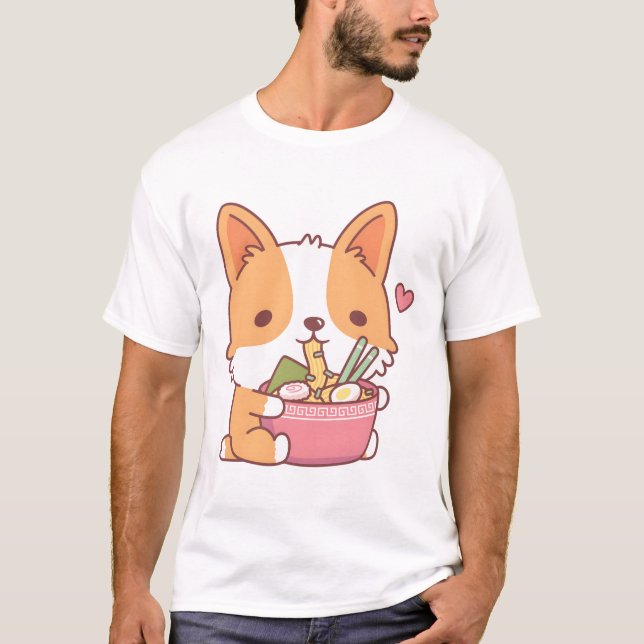Camiseta Corgi Cachorro Corgi Ramen Comendo (Frente)