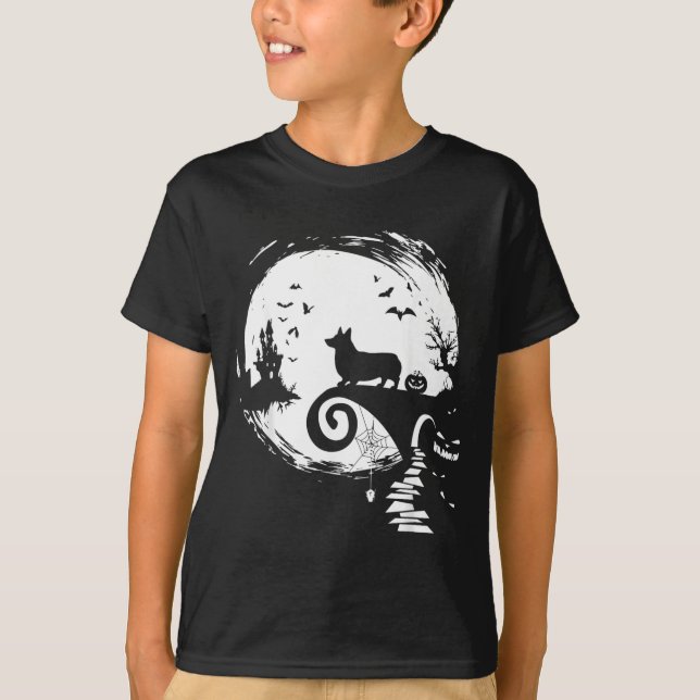 Camiseta Corgi Cachorro e Lua Fantasia de Halloween Amante  (Frente)