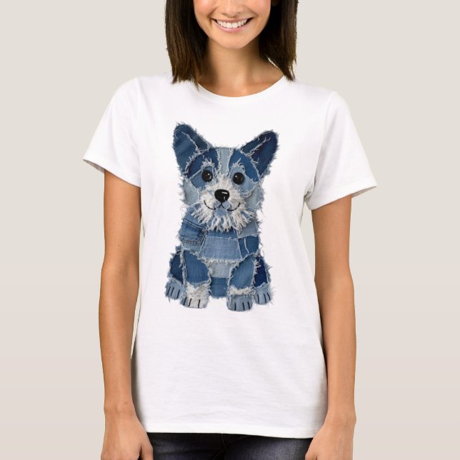 Camiseta Corgi Cachorro em Patchwork de Denim (Frente)