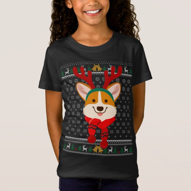 Camiseta Corgi Christmas Reindeer Ugly Sweater Holida (Frente)