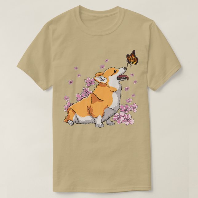 Camiseta Corgi Com Borboleta Sakura Cherry Blosso Japonês (Frente do Design)