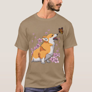 Camiseta Corgi Com Borboleta Sakura Cherry Blosso Japonês