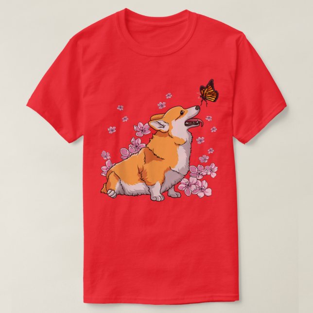 Camiseta Corgi Com Borboleta Sakura Cherry Blosso Japonês (Frente do Design)