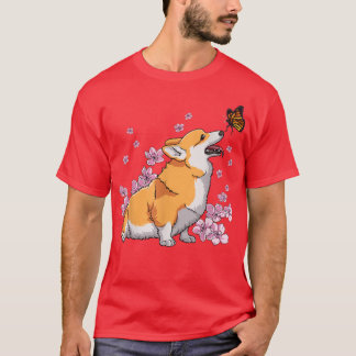 Camiseta Corgi Com Borboleta Sakura Cherry Blosso Japonês