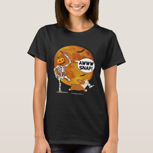 Camiseta Corgi de Halloween Abóbora Esqueleto Perna Quebrad (Frente)