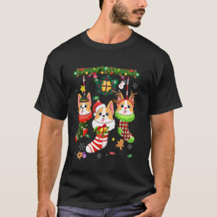 Camiseta Corgi de Meias Natal Chapéu de Papai Noel Luz de N