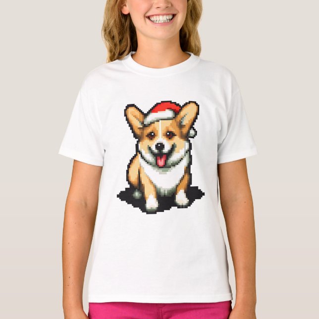 Camiseta Corgi de Natal bonito em Santa Chapéu Pixel (Frente)