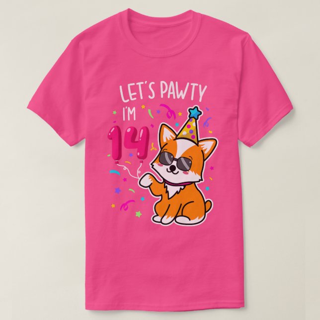 Camiseta Corgi Deixa Pawty Im 14 Aniversário De 14 Anos (Frente do Design)