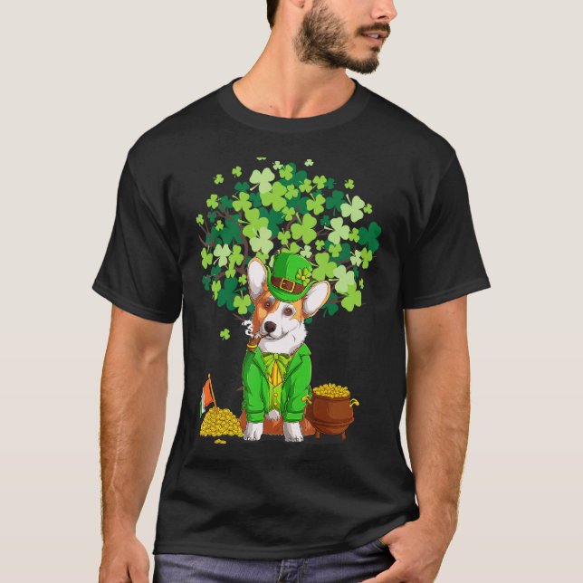 Camiseta Corgi Dia de São Patrício Chapéu de Leprechaun Cor (Frente)