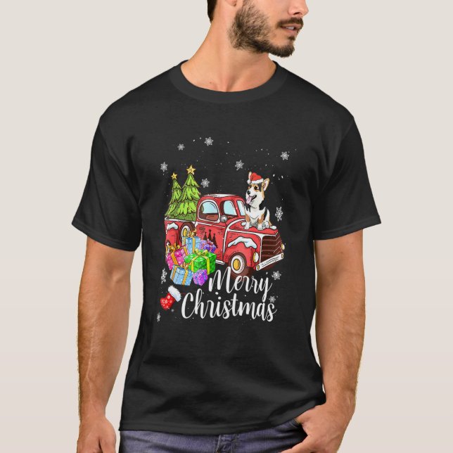 Camiseta Corgi Dirigindo Caminhão Vermelho Xmas Feliz Natal (Frente)