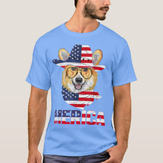 Camiseta Corgi Dog American Flag Sunglass Patriótico 4º J