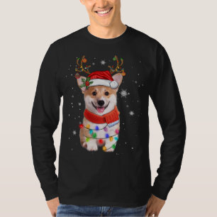 Camiseta Corgi Dog Christmas Reindeer Santa Hat Xmas Light
