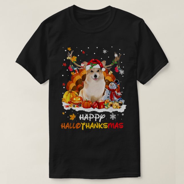 Camiseta Corgi Dog Happy Hallothanksmas (Frente do Design)