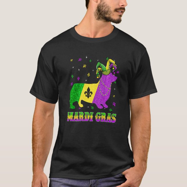 Camiseta Corgi Dog Mardi Gras Carnival Jester Beads Premium (Frente)