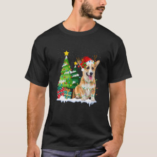 Camiseta Corgi Dog Santa Hat Reindeer Luzes de Natal