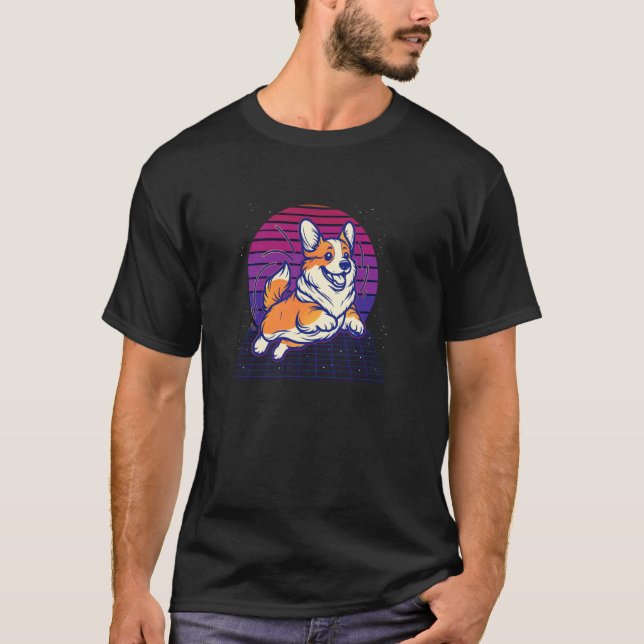 Camiseta Corgi Doodle RetroWave Cão Engraçado Vaporwave Fel (Frente)