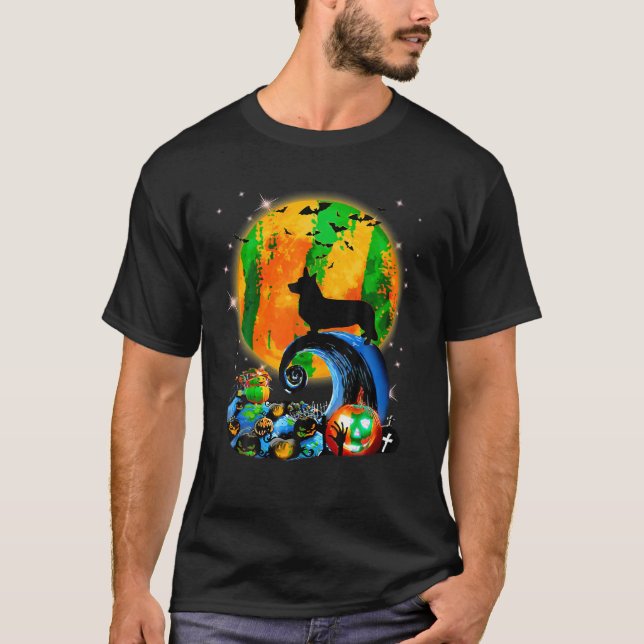 Camiseta Corgi E Moon Amarelo Halloween Engraçados Cachorro (Frente)
