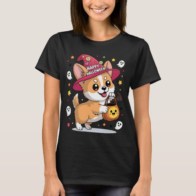 Camiseta Corgi Engraçado Abóbora Fantasma Doce Bruxa Hallow (Frente)