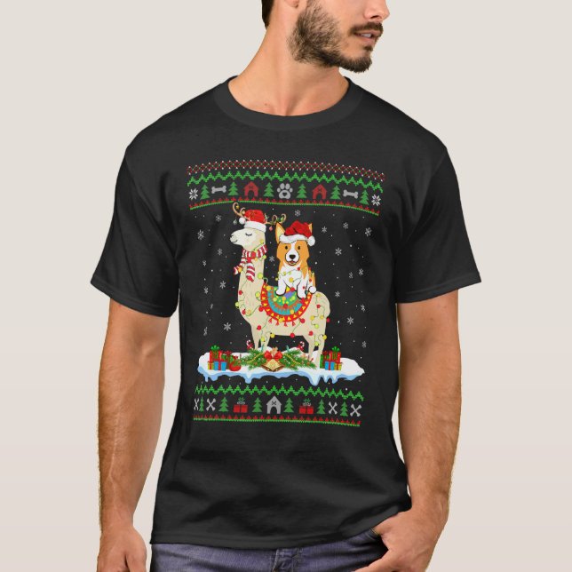 Camiseta Corgi Engraçado Montando Rena Lhama Combinando Rou (Frente)