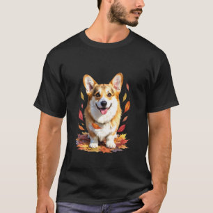 Camiseta Corgi Feliz com Design de Folhas de Outono para Am