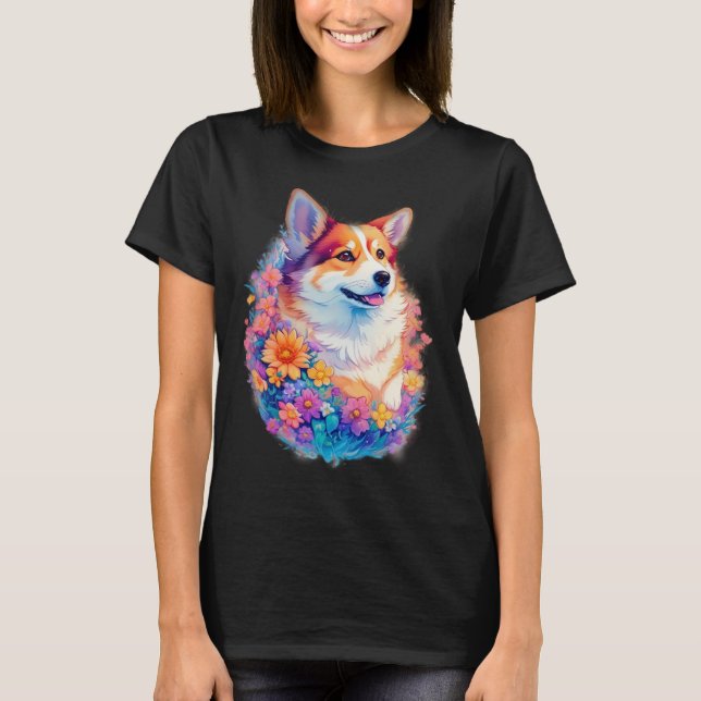 Camiseta Corgi Floral Arco-íris Gráfico de Cachorro Fofo (Frente)