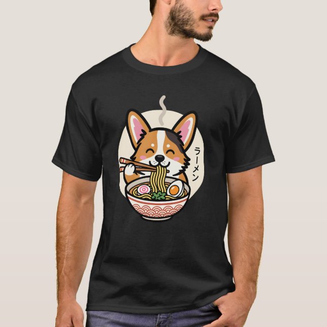 Camiseta Corgi Fofo Comendo Macarrão Ramen Comida Japonesa (Frente)