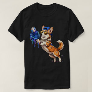 Camiseta Corgi Fofo e Divertido Jogando Beisebol com Efeito