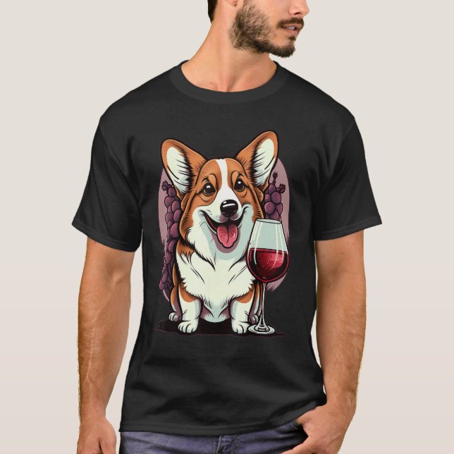 Camiseta Corgi Galês bebendo Vinho Tinto (Frente)
