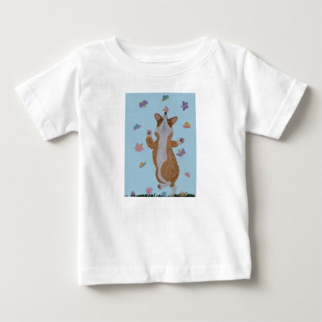 Camiseta Corgi Galês Dançando com Borboletas (Frente)