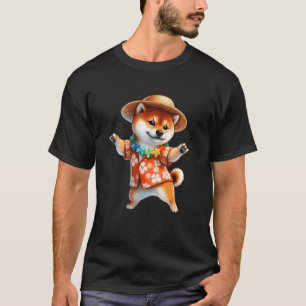Camiseta Corgi havaiano dançante com flores tropicais cacho