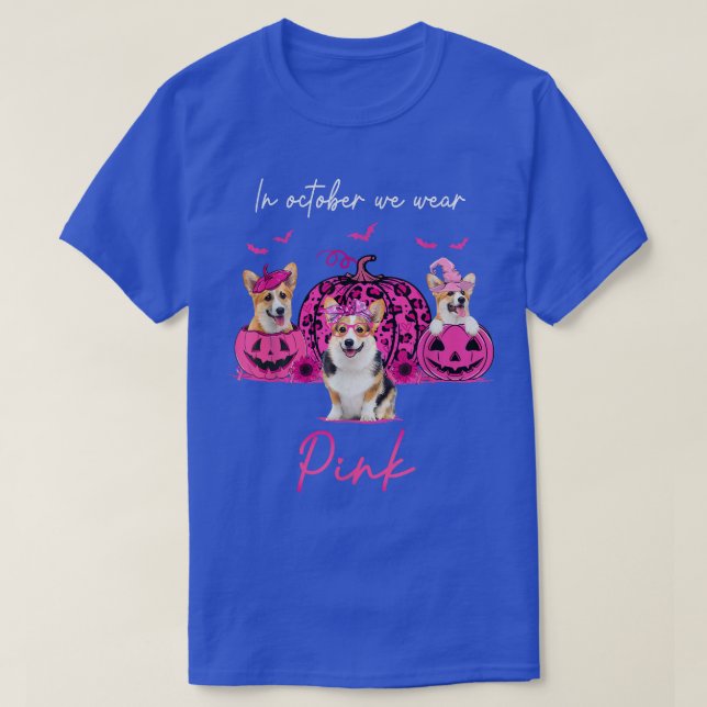 Camiseta Corgi In October We Wear Pink Halloween Corgi Pump (Frente do Design)