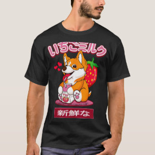 Camiseta Corgi Japonês Fruta Morango Leite Mulheres Menina
