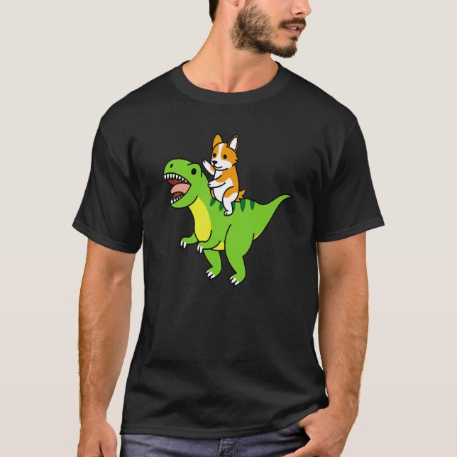 Camiseta Corgi Montando Rex Dinossauro Cachorro (Frente)