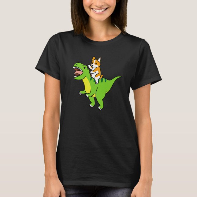 Camiseta Corgi Montando Rex Dinossauro Cachorro (Frente)