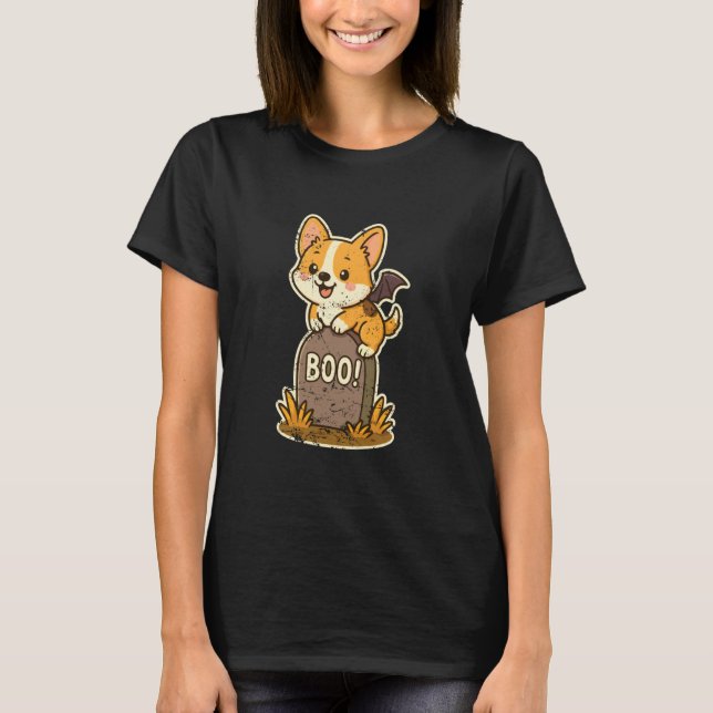 Camiseta Corgi na Lápide Boo Halloween (Frente)