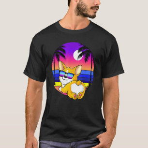 Camiseta Corgi Na Praia Pôr do Sol Retro Colorido Cão Galês