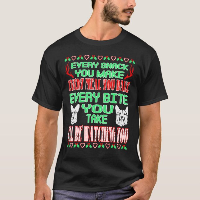 Camiseta Corgi Observando Cada Mordida Que Você Dá Natal (Frente)