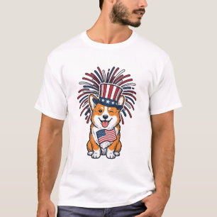 Camiseta Corgi Patriótico Fogos de Artifício Cão Desenho Ve
