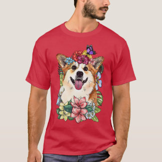 Camiseta Corgi Primavera de Plantas Botânicas Floral263