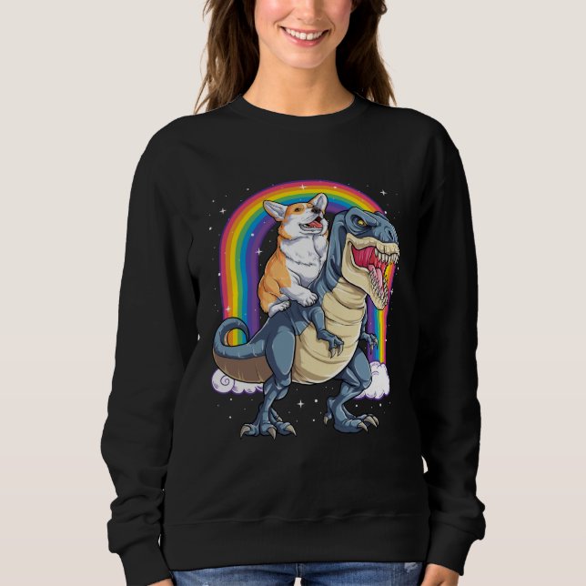 Camiseta Corgi Riding Dinosaur rex  Men Women Rainbow (Frente)