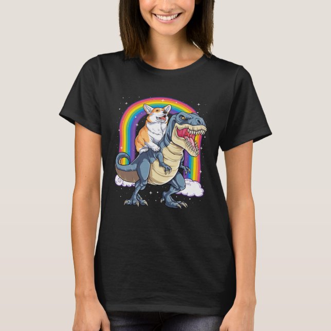 Camiseta Corgi Riding Dinosaur rex  Men Women Rainbow (Frente)