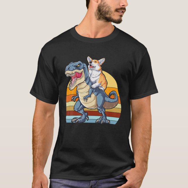 Camiseta Corgi Riding Dinosaur T Rex Cute Corgis Dog Lover (Frente)