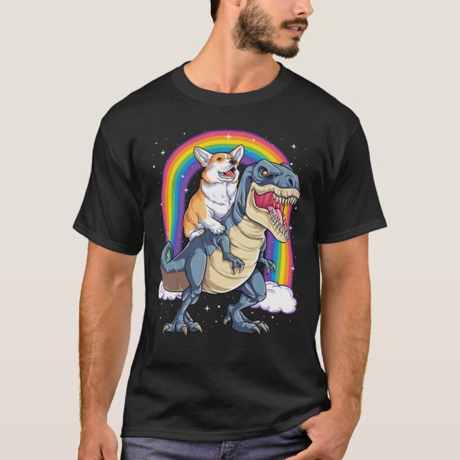 Camiseta Corgi Riding Dinossaur T rex Shirt Engraçado Rainb (Frente)
