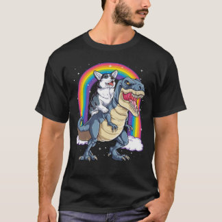 Camiseta Corgi Riding Dinossaur T rex Shirt Engraçado Rainb