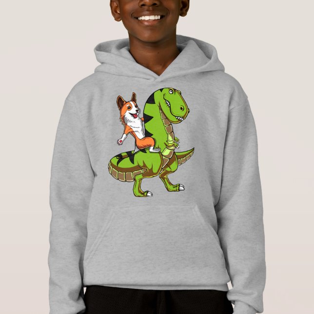Camiseta Corgi Riding T-Rex Dinossaur Engraçado Cachorro (Frente)
