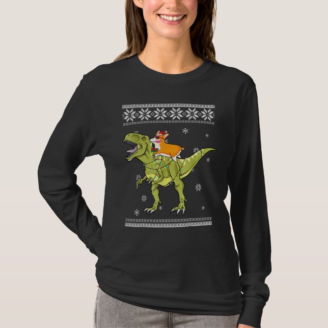 Camiseta Corgi Riding T Rex Dinossaur Natal Light Xmas (Frente)