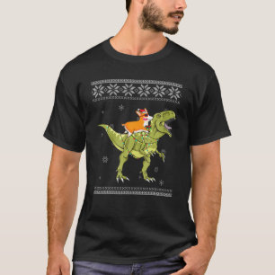Camiseta Corgi Riding T Rex Dinossaur Natal Light Xmas G